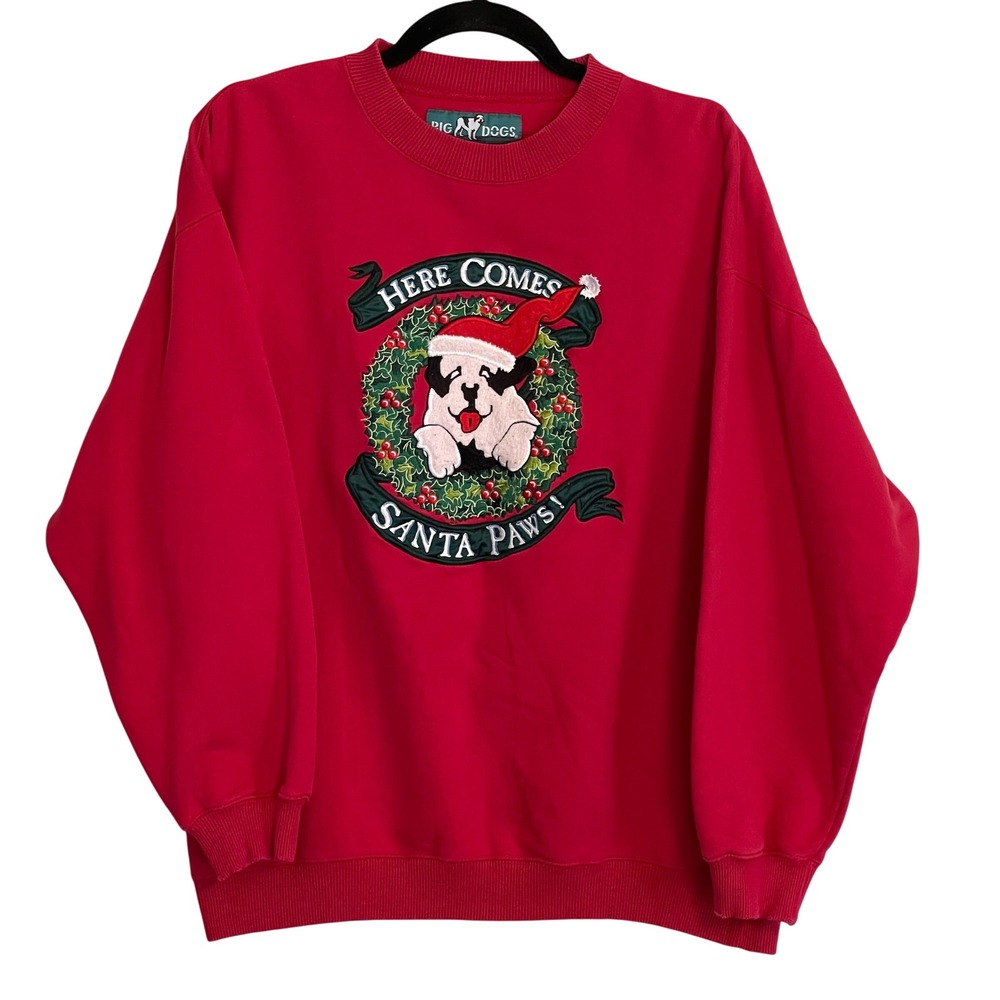Big Dogs Vintage Red Here Comes Santa‎ Paws Christmas Sweatshirt Small 90s